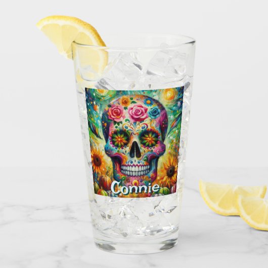 Sugar Skull Day van de dode bloem gepersonaliseerd Glas (Voorkant ijs)