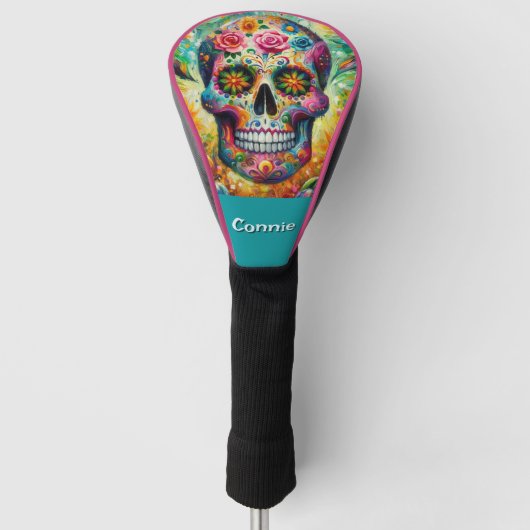 Sugar Skull Day van de dode bloem gepersonaliseerd Golfheadcover (Voorkant)