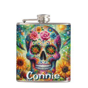 Sugar Skull Day van de dode bloem gepersonaliseerd Heupfles