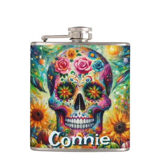 Sugar Skull Day van de dode bloem gepersonaliseerd Heupfles (Voorkant)