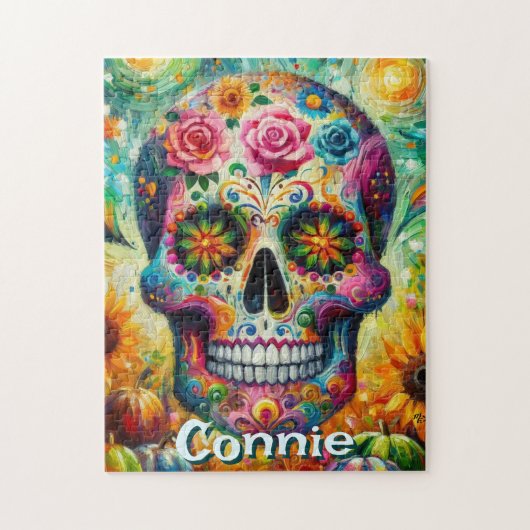 Sugar Skull Day van de dode bloem gepersonaliseerd Legpuzzel (Verticaal)