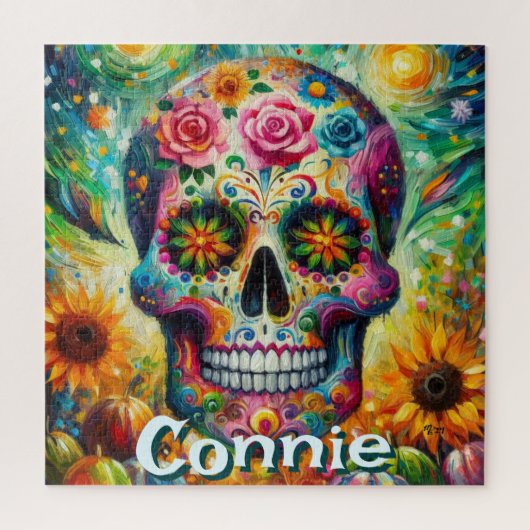 Sugar Skull Day van de dode bloem gepersonaliseerd Legpuzzel (Verticaal)