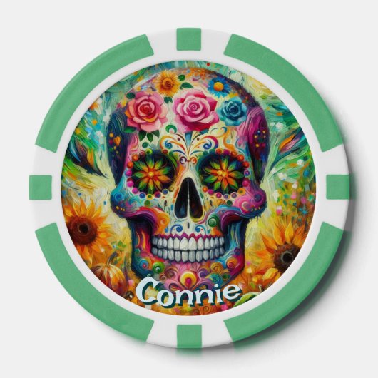 Sugar Skull Day van de dode bloem gepersonaliseerd Poker Chips (Voorkant)