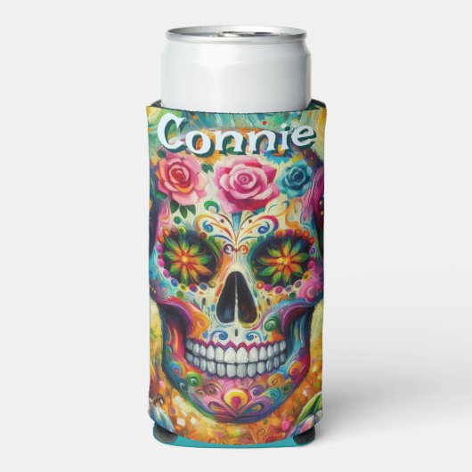 Sugar Skull Day van de dode bloem gepersonaliseerd Seltzer Blikjeskoeler (Seltzer Voorkant)