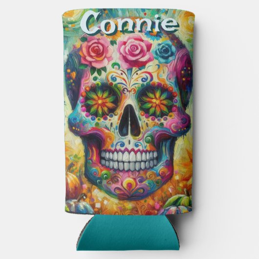 Sugar Skull Day van de dode bloem gepersonaliseerd Seltzer Blikjeskoeler (Achterkant)