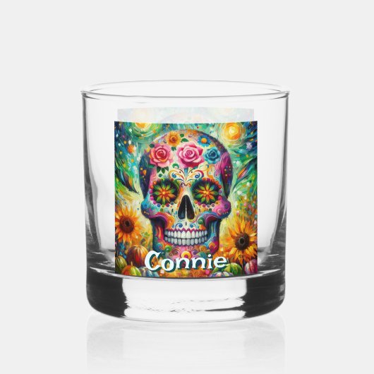 Sugar Skull Day van de dode bloem gepersonaliseerd Whisky Glas (Voorkant)
