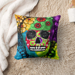 Sugar Skull Day van de Dode Bloemen Groen Rood Bla Kussen