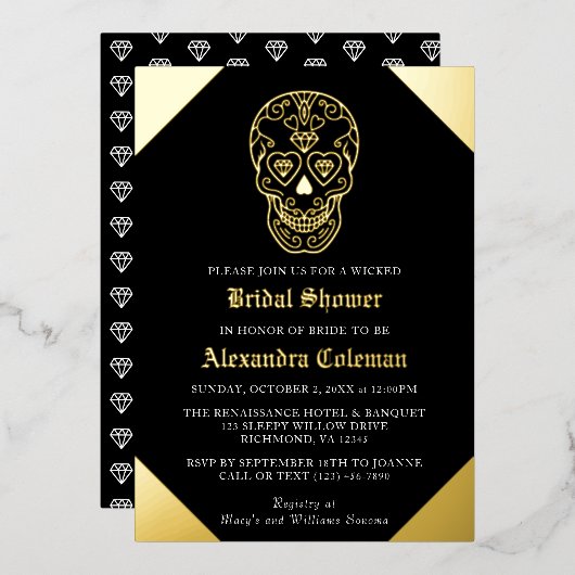 Sugar Skull Diamond Vrijgezellenfeest Folie Folie Uitnodiging (Voorkant / Achterkant)