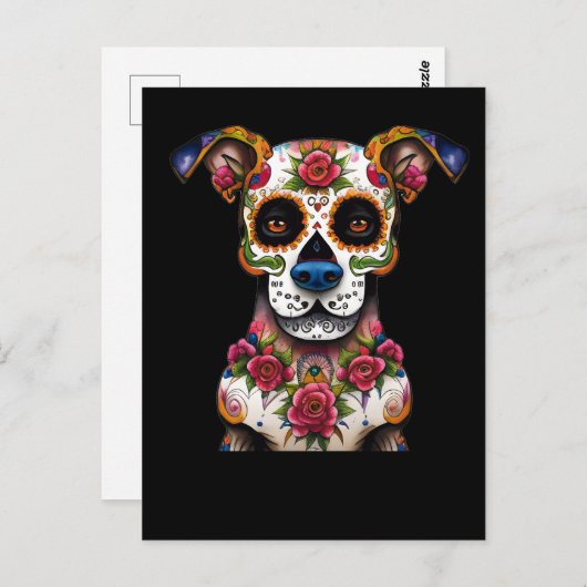 Sugar Skull Dog met een halsband van Rozen Briefkaart (Voorkant / Achterkant)