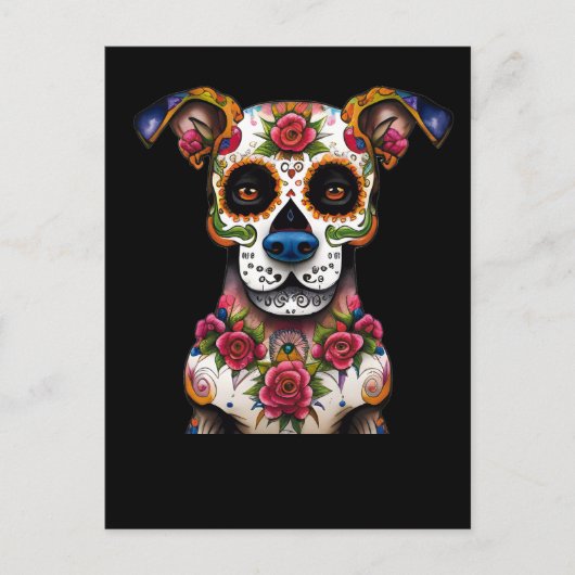 Sugar Skull Dog met een halsband van Rozen Briefkaart (Voorkant)