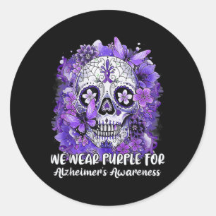 Sugar Skull Flower Draag Paarse lint Alzheimer AW Ronde Sticker