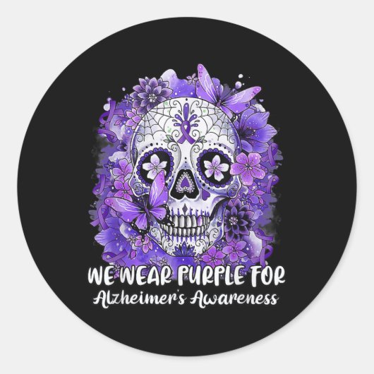 Sugar Skull Flower Draag Paarse lint Alzheimer AW Ronde Sticker (Voorkant)