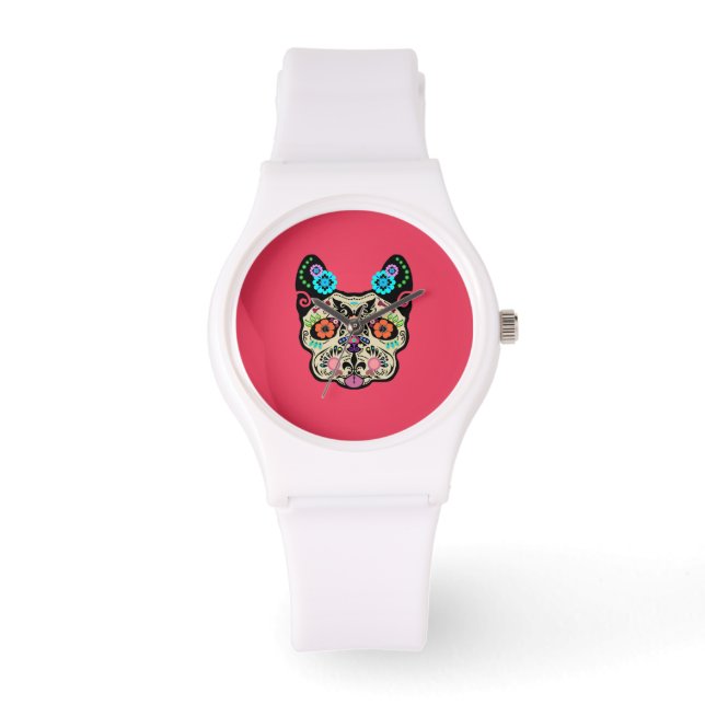 Sugar Skull Frenchie - Roze Horloge (Voorkant)
