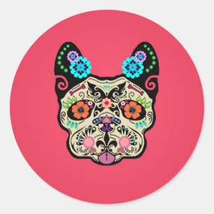 Sugar Skull Frenchie - Roze Ronde Sticker