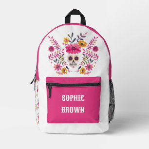 Sugar Skull Fuchsia Flowers Aangepaste naam Bedrukte Rugzak