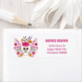 Sugar Skull Fuchsia Mexicaanse bloemen retouradres Etiket