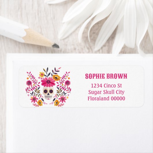 Sugar Skull Fuchsia Mexicaanse bloemen retouradres Etiket (Insitu)
