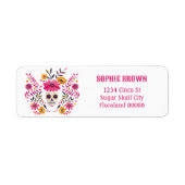 Sugar Skull Fuchsia Mexicaanse bloemen retouradres Etiket (Voorkant)