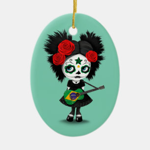 Sugar Skull Girl die Braziliaanse vlag speelt Keramisch Ornament