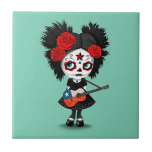 Sugar Skull Girl die Chileense vlag speelt Tegeltje