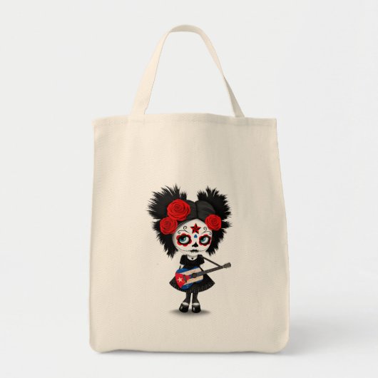Sugar Skull Girl die Cuban Flag Guitar speelt Tote Bag (Voorkant)