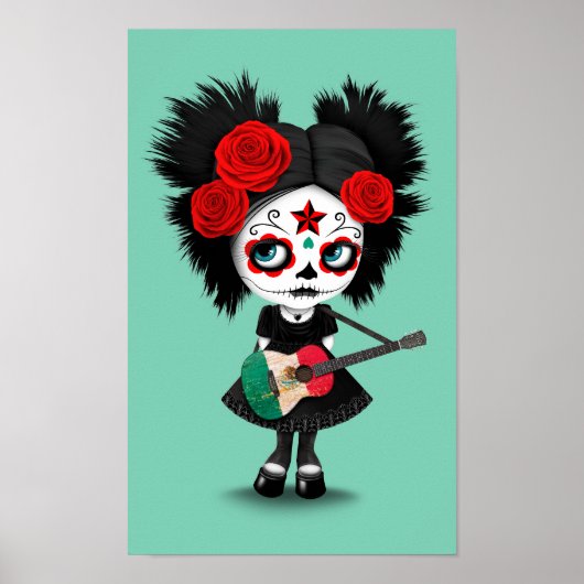 Sugar Skull Girl die Mexicaanse vlag speelt Poster (Voorkant)