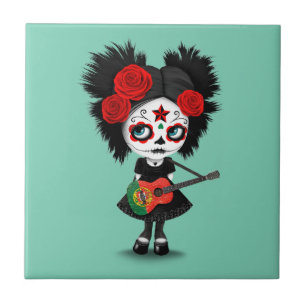 Sugar Skull Girl die Portugese vlag speelt Tegeltje