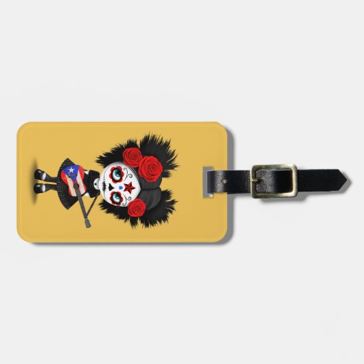 Sugar Skull Girl die Puerto Rican Flag Guitar spee Bagagelabel (Voorkant horizontaal)