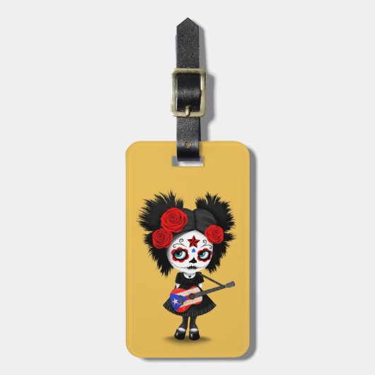 Sugar Skull Girl die Puerto Rican Flag Guitar spee Bagagelabel (Voorkant verticaal)