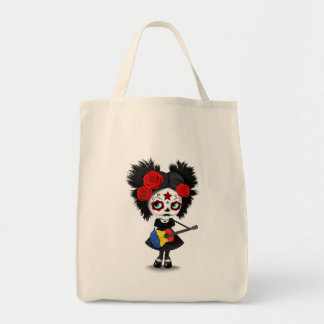 Sugar Skull Girl die Roemeense vlag speelt Tote Bag
