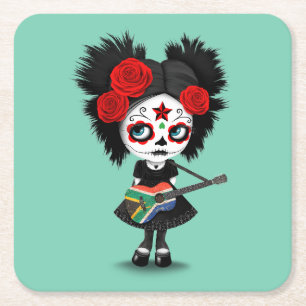 Sugar Skull Girl die Zuid-Afrikaanse vlag speelt Kartonnen Onderzetters