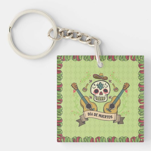 Sugar Skull & Gitaren Dia de Muertos | Button Sleu Sleutelhanger (Voorkant)