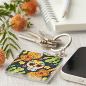 Sugar Skull & Gitaren Dia de Muertos | Button Sleu Sleutelhanger (Voorkant Rechts)