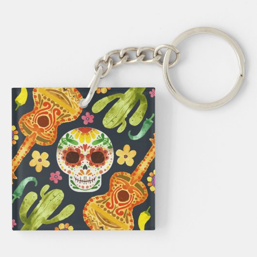 Sugar Skull & Gitaren Dia de Muertos | Button Sleu Sleutelhanger (Achterkant)