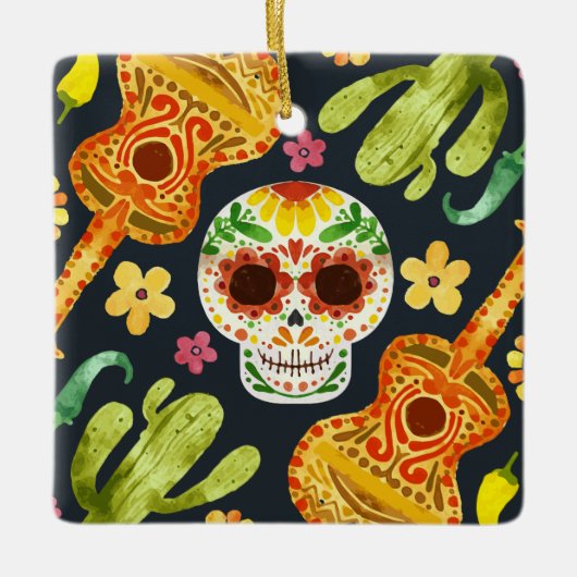 Sugar Skull & Gitaren Dia de Muertos | Keramische  Keramisch Ornament (Voorkant)