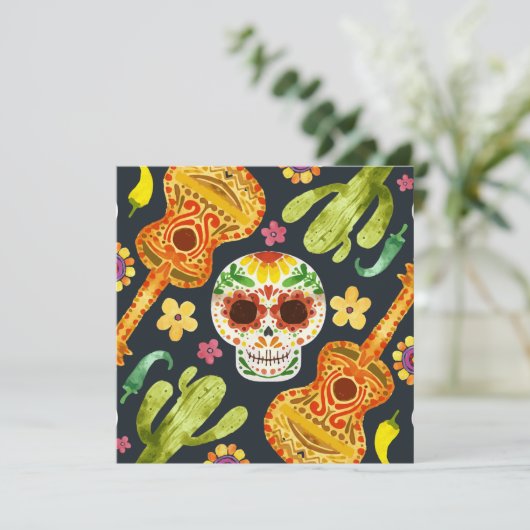 Sugar Skull & Guitars Dia de Muertos Uitnodiging (Staand voorkant)