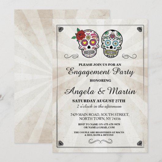 Sugar Skull Halloween Engagement Party Uitnodigen Kaart (Voorkant / Achterkant)