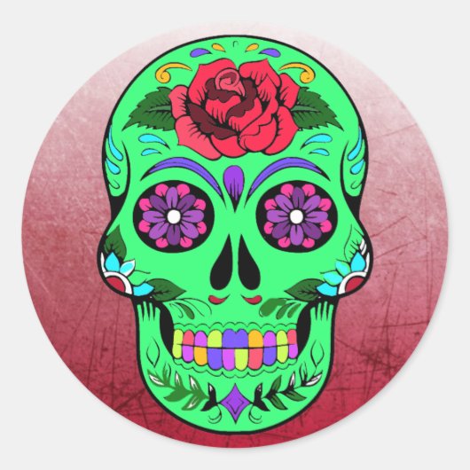 Sugar Skull Halloween Lime Green Paars Ronde Sticker (Voorkant)