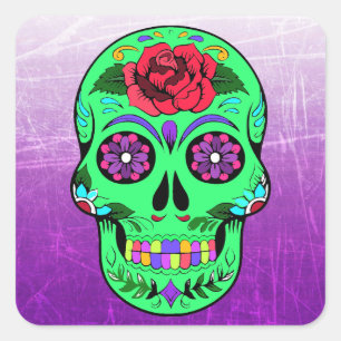 Sugar Skull Halloween Lime Green Paars Vierkante Sticker