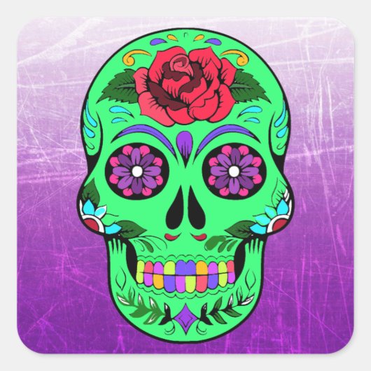Sugar Skull Halloween Lime Green Paars Vierkante Sticker (Voorkant)