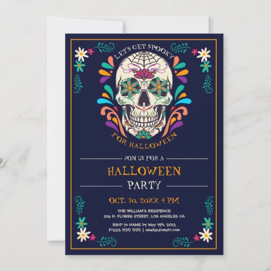 Sugar Skull Halloween Party Invitation Kaart (Voorkant)