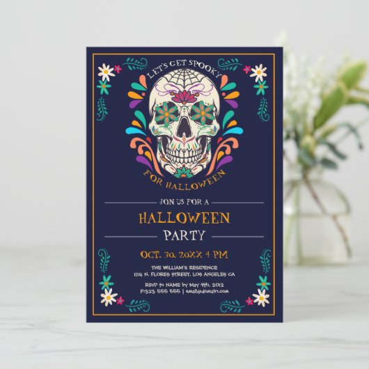 Sugar Skull Halloween Party Invitation Kaart (Staand voorkant)