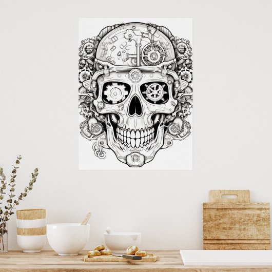 Sugar Skull Image Black + White on a Wall Poster (Keuken)