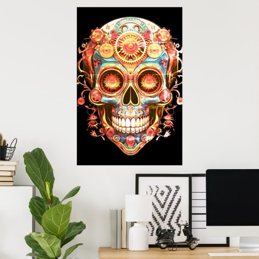 Sugar Skull Images Bright Smiling Guy on a Wall Poster (Thuiskantoor)