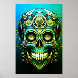 Sugar Skull Images Cool Green + Blue Guy on a Wall Poster