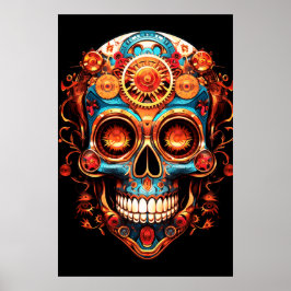 Sugar Skull Images Dark Blue Smiling Guy on a Wall Poster