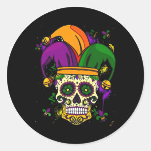 Sugar Skull Jester Pet Mardi Gras Vet Dinsdag Carn Ronde Sticker