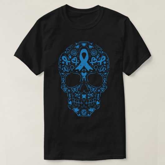 Sugar Skull Light Blue Ribbon Prostaatkanker Award T-shirt (Design voorkant)