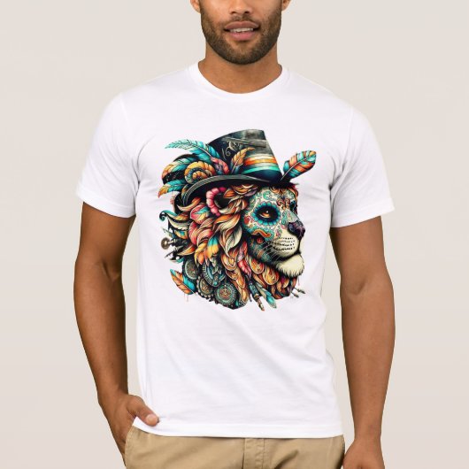 Sugar Skull Lion met een hoge hoed T-shirt (Voorkant)