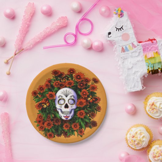 Sugar Skull Marigold Dia de Los Muertos Halloween Papieren Bordje (Feest)